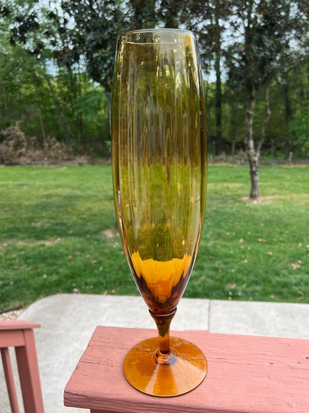 Tall Amber Glass Stem Vase 16.5” Mid Century Modern Decor Optic Panel
